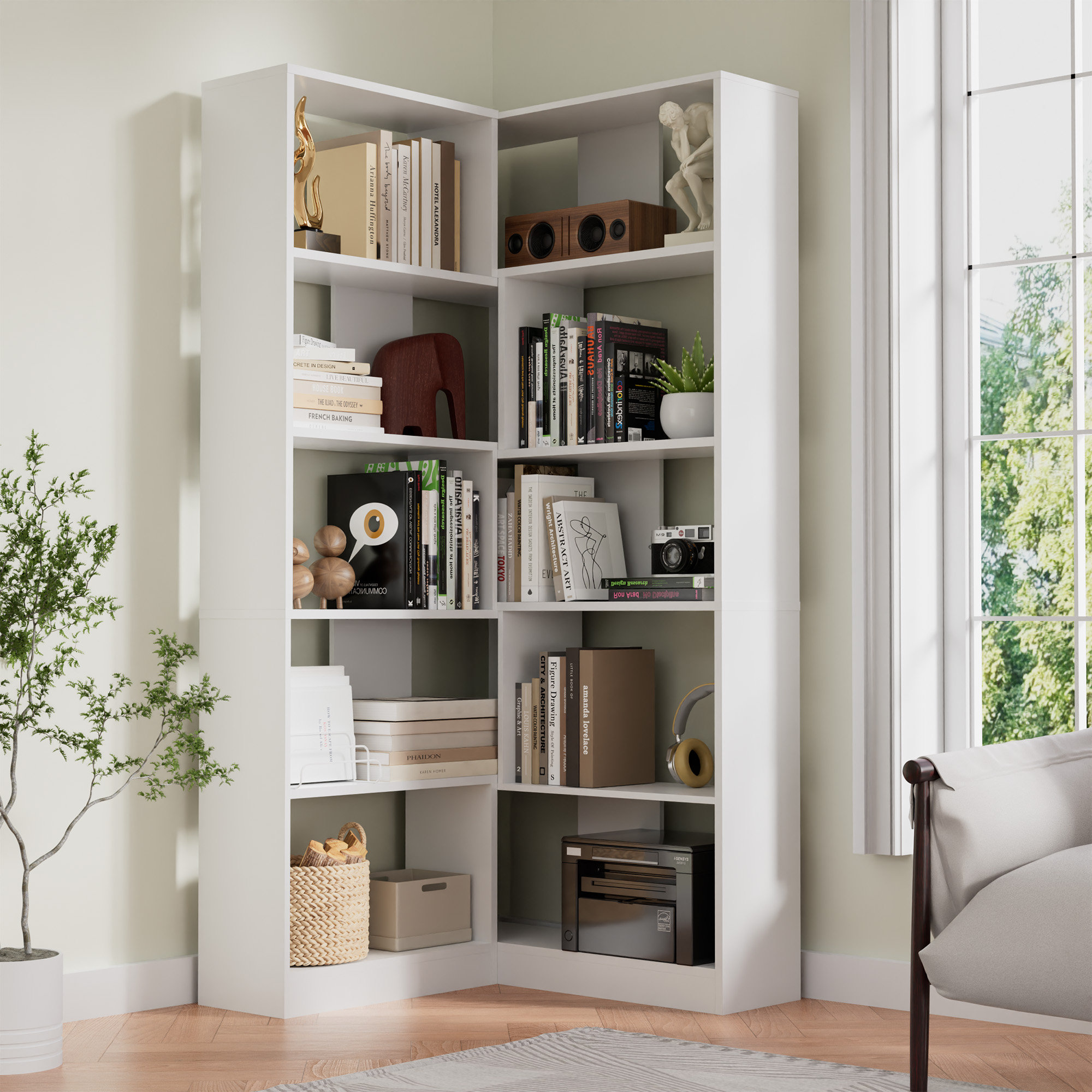 These tall corner bookshelves are the perfect way to store and display  books in a small apartment: They provide more space and s…