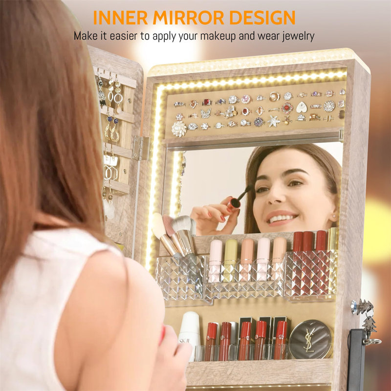 Modern RGB White Wood Jewellery Armoire With Full-Length Mirror - Triple Functionality For Dressing Up, Black