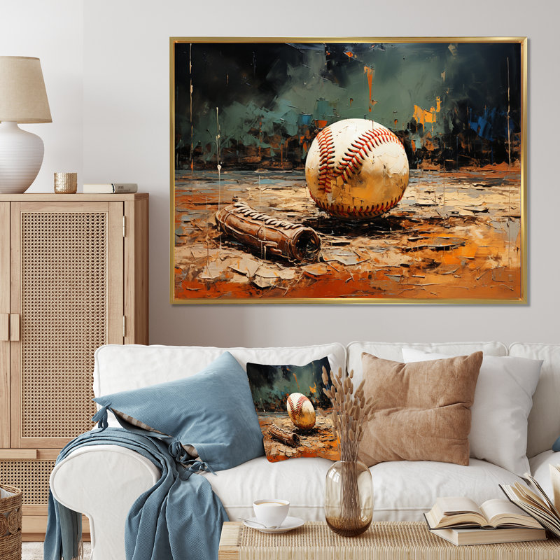 Baseball Collage Glove And Ball - Sports, reproduction d'art sur toile, H 30 po x l 40 po x P 1,5 po, Cadre flottant doré