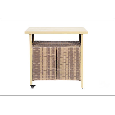 Durable Outdoor Wicker Bar Cart With Wheels, Rolling Rattan Beverage Station With Glass Top For Patio And Garden Parties