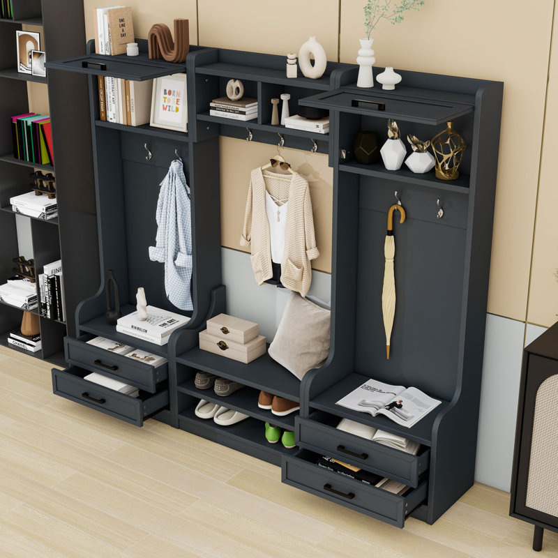 Detachable Hall Tree with Hooks, Drawers & Cabinets, Entryway Shoe Bench with Dividers, Antique Blue