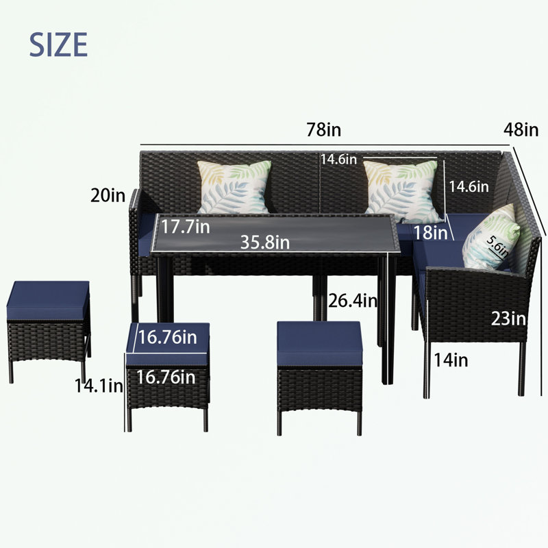 Ensemble de canapé de patio 7 pièces avec plateau de table et pieds en métal, Bleu