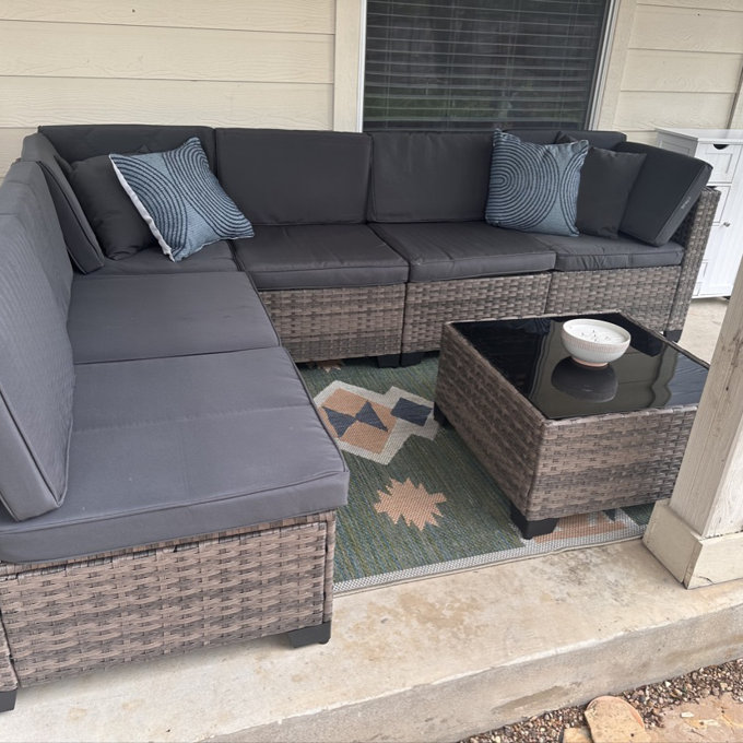 Outdoor 7-Piece Modular Rattan Patio Conversation Set with Cushions - Black