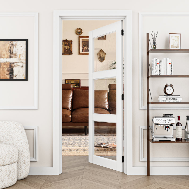 Porte intérieure en verre transparent 3-Lite, porte pré-suspendue en panneau de fibres à densité moyenne certifié CARB P2 et certifié par la CCSC, avec trousse de joint, bande d'étanchéité, charnières noires et ouverture à droite, teinture pré-finie et facile à bricoler, garde-manger, chambre à coucher, salle de bain et garde-robe 30 po x 80 po