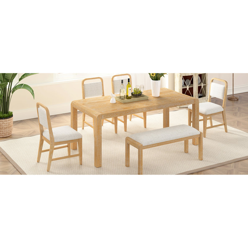 Table de cuisine extensible rétro avec 4 sièges et banc rembourrés, finition naturelle, plateau de table extensible, sièges confortables pour un repas détendu de style rétro, chaises à pieds courbés, deux couleurs