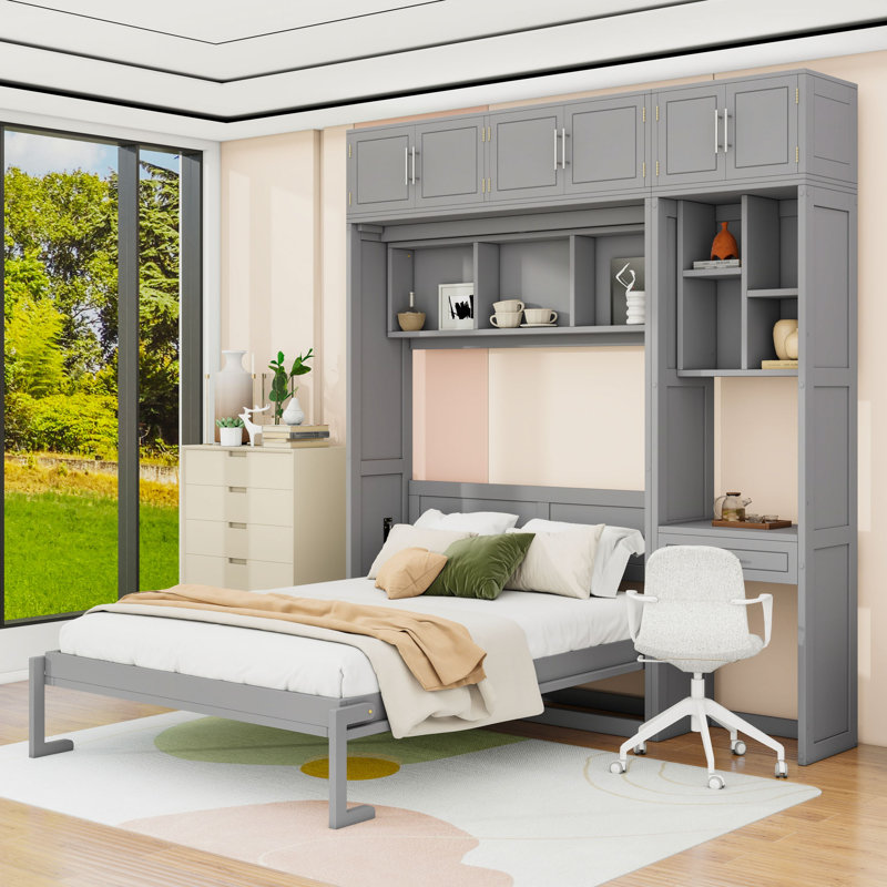 Lit escamotable avec armoires, bureau encastré et tablettes Murphy, Grand lit, Gris