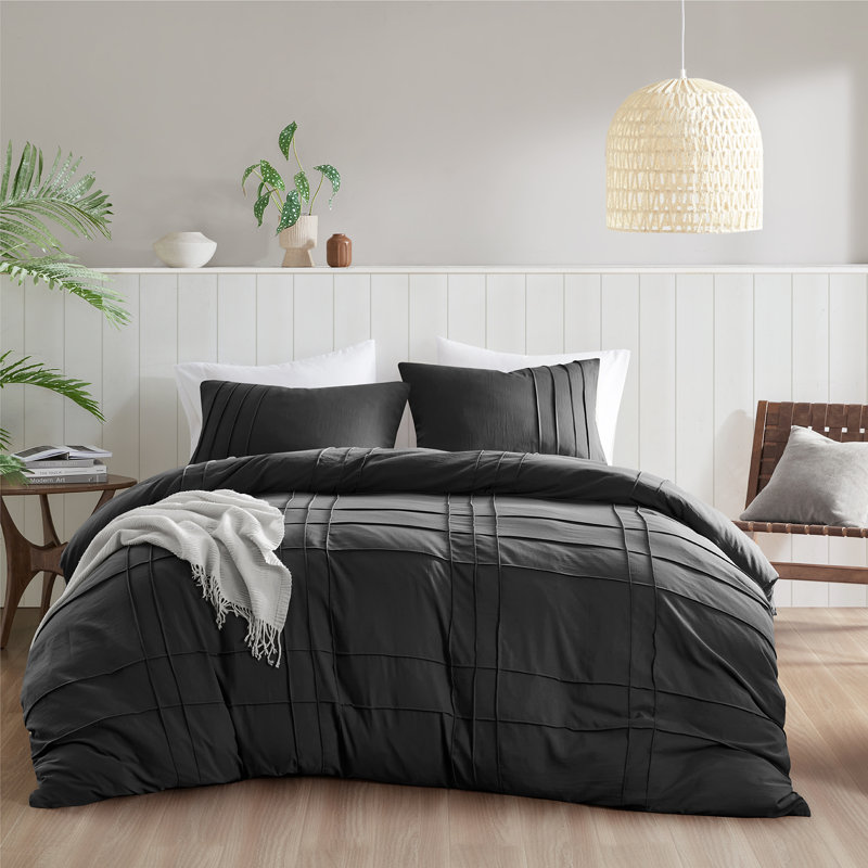 Ensemble de housse de couette plissée Harris, Housse de couette simple / simple TG et 1 taie dé, Noir