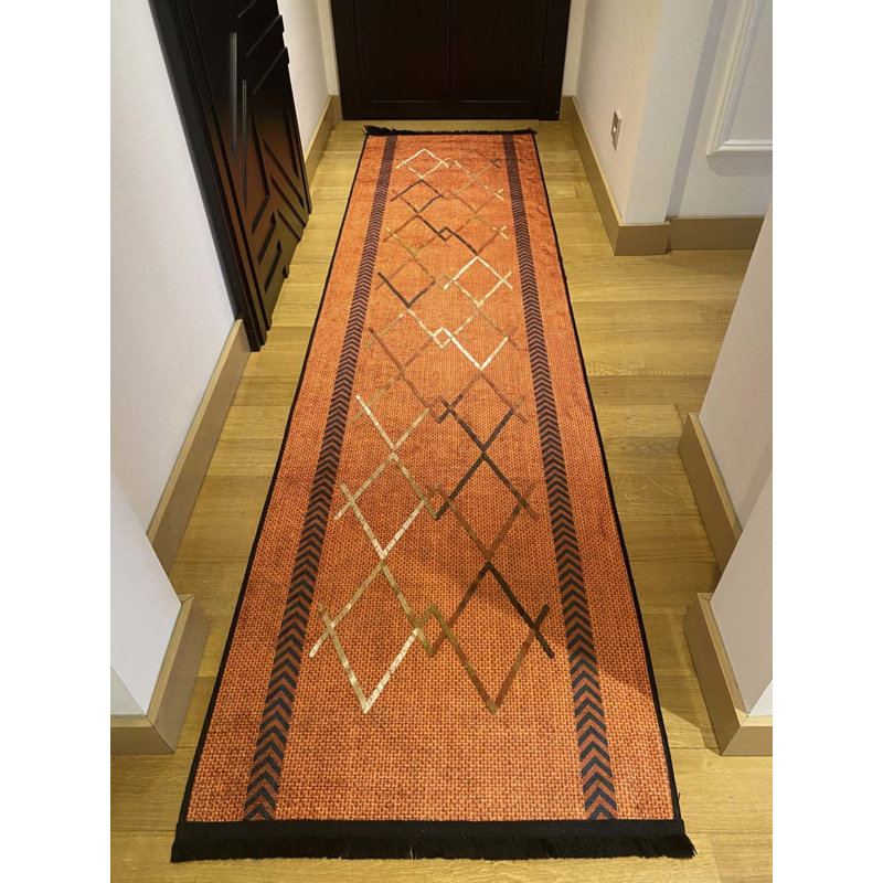 Coton imprimé marocain orange Lashia; Tapis chenille antidérapant, Tapis de couloir 3 pi 3 po x 16 pi 5 po