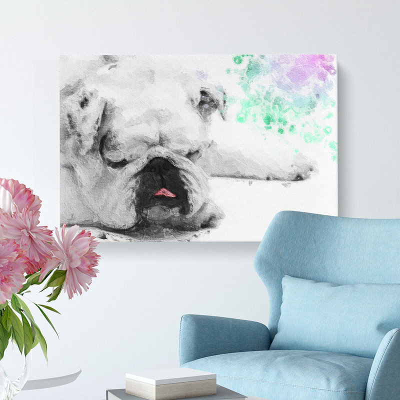 Sleeping White British Bulldog In Abstract - Wrapped Canvas, 50cm H x 76cm W x 3cm D