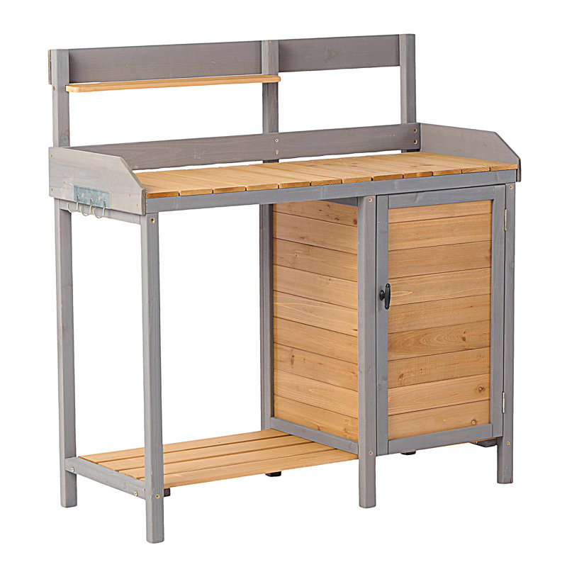 Table de rempotage d'extérieur en bois avec évier, banc de travail de table de jardin avec rangement, poste de travail pour pelouse de patio