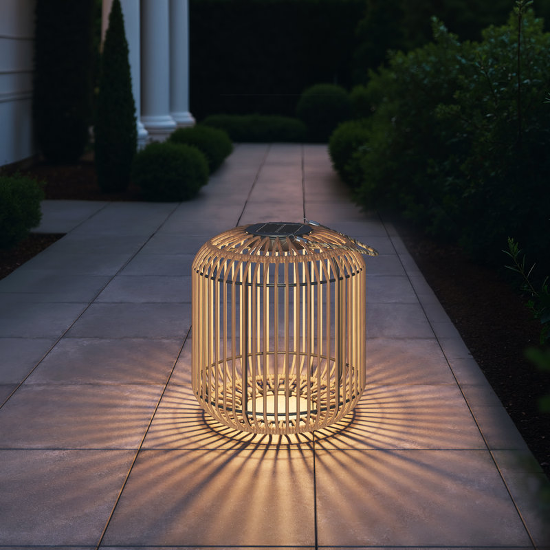 9.45" H All Iron Frame Rattan Lantern With Hemp Rope Handle, Natural