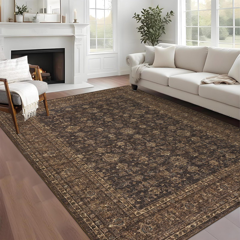 Floral Machine Printed Area Rug, Rectangle 200 x 290 cm, Brown