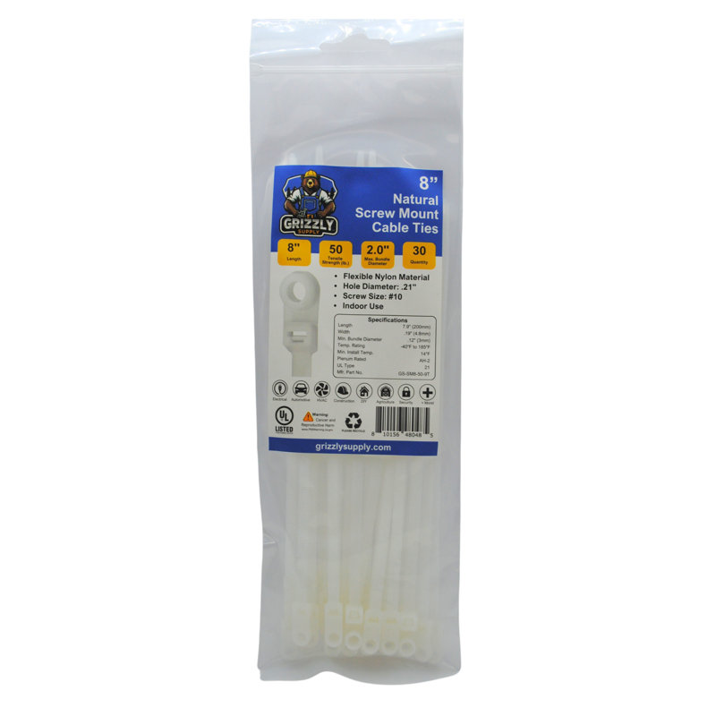 8" 50lb Screw Mount Cable Tie 30/bag, Natural