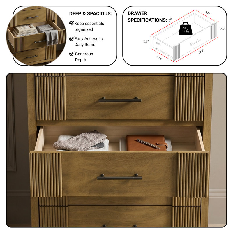 Shalyce 28.7" W Mid-Century Modern Fluted 5-Drawer Chest, Antique Oak