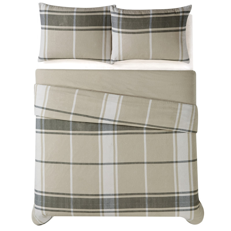 Flannel Box Stitch Plaid Comforter Set, Queen Comforter + 2 Standard Shams