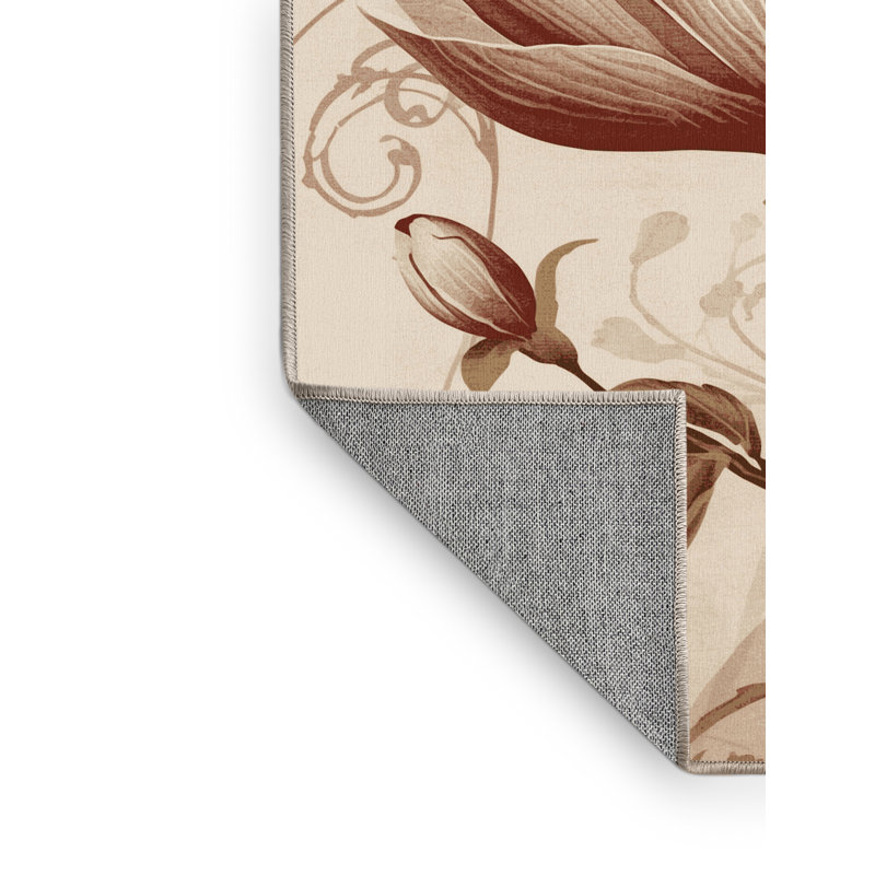 Machine Washable Parrilla Magnolia Classic Floral Rug in Beige – Beige Binding, 6x9