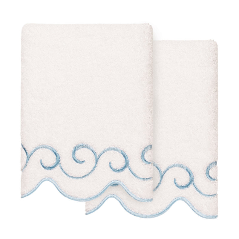  100% Turkish Cotton SIMPLICITY Scallop 2PC Embellished Hand Towel Set, Hand Towel - 2 Pack, White/Blue