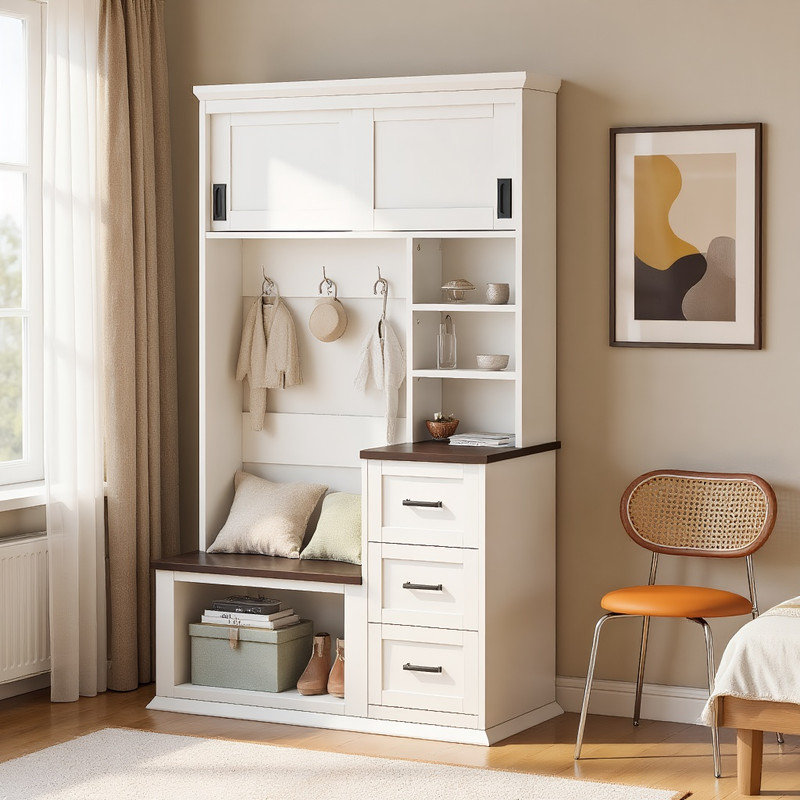 Arbre d'entrée moderne en bois et blanc avec banc - organisateur de rangement d'entrée 5 en 1