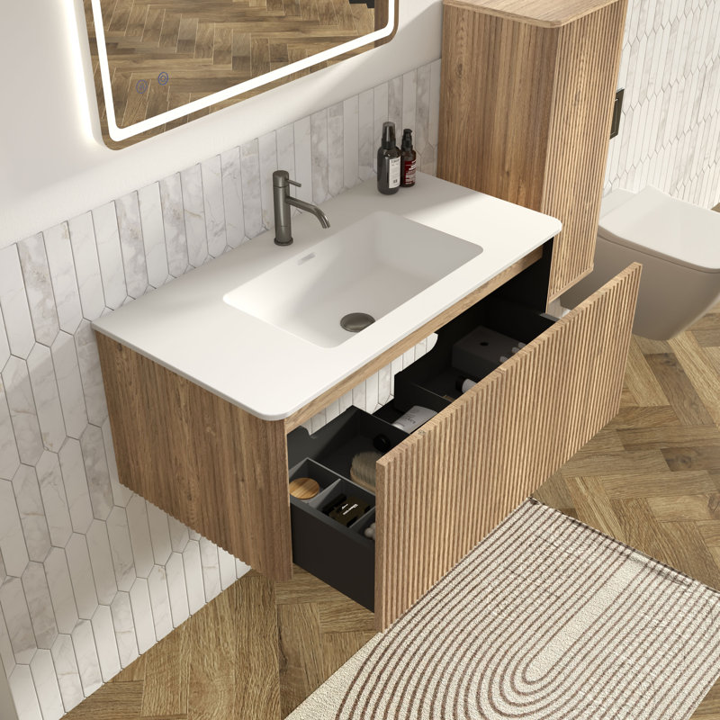 Hannemarie 36" Pre-Assembled Wall Mounted Single Bathroom Vanity with Top with Overflow, 36", Rough Oak, Matte White
