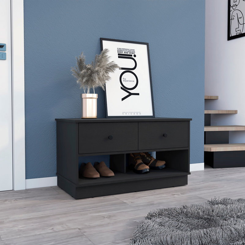 Banc de rangement, deux tablettes ouvertes, deux tiroirs - noir, Noir