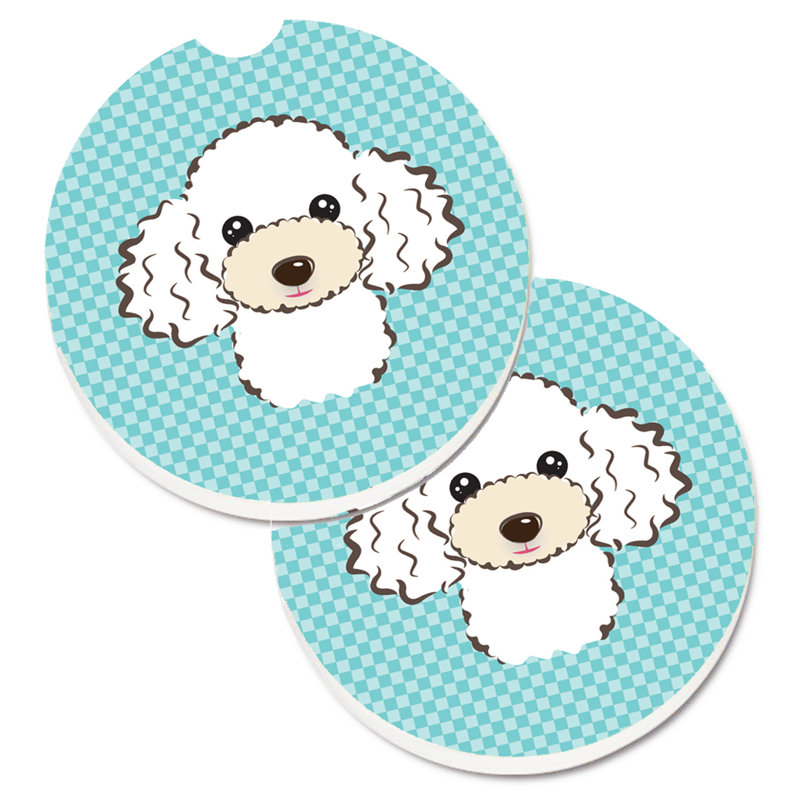 Ceramic Round 2 Piece Car Coaster Set, Blue, White Poodle