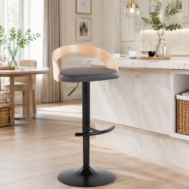 Tabouret réglable avec pivot en métal, similicuir avec repose-pieds arrondi en T, Siège gris / cadre naturel / noir, 3