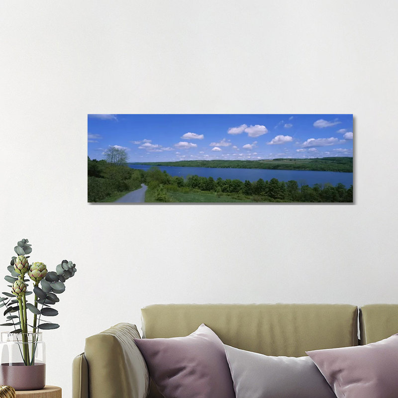 Road Near A Lake, Owasco Lake, Finger Lakes Region, New York State, USA - Wrapped Canvas Panoramic Print