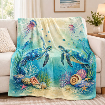 1Pcs Sea Turtle Print Flannel Blanket – Watercolor Ocean Life Design;Vibrant Under the Scene with Jellyfish and CoralsSingle-SidedCozy Warm for Home RelaxationPerfect Bedrooms Living SpacesA Wonderful Gift Idea Ocea