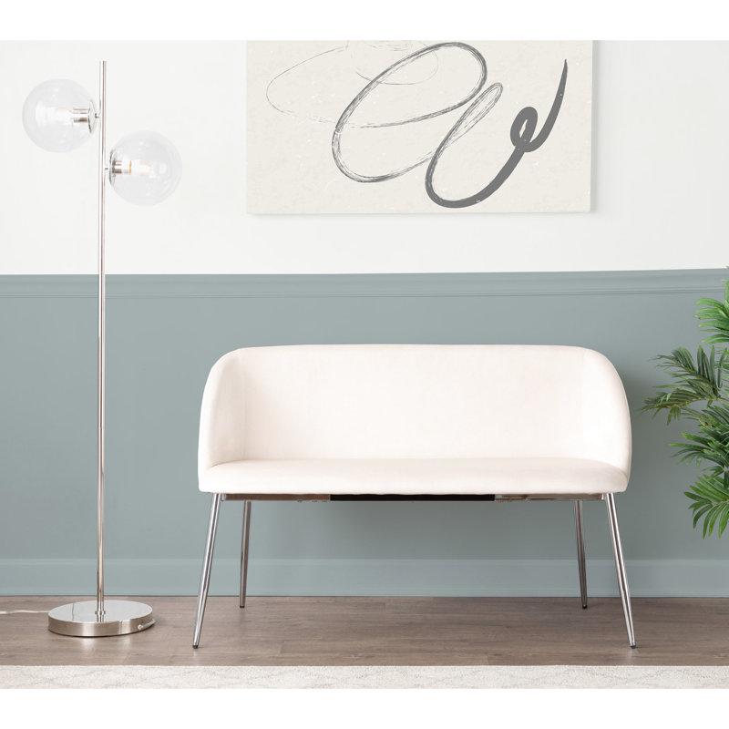 Banc en métal et velours crème avec style, revêtement élégant, pieds, pour le confort, deux sièges, utilisation intérieure seulement, limite de poids de 500 lb, assemblage requis, profondeur de 21 po, largeur de 46 po, hauteur de 30,24 po, ajout de 29 lb