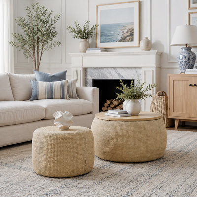 Pouf de rangement rond en rotin tressé avec plateau amovible, idéal pour la maison et le bureau, 2 en 1 : table d'appoint et siège.