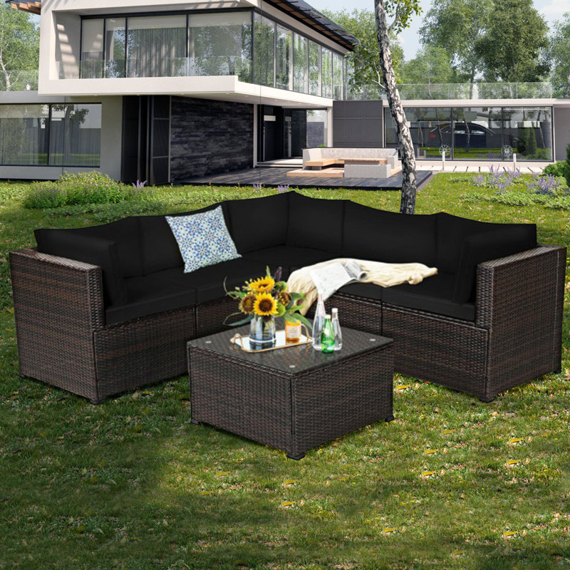 Ensemble de canapé de patio 6 pièces avec coussins pour l'extérieur, Noir