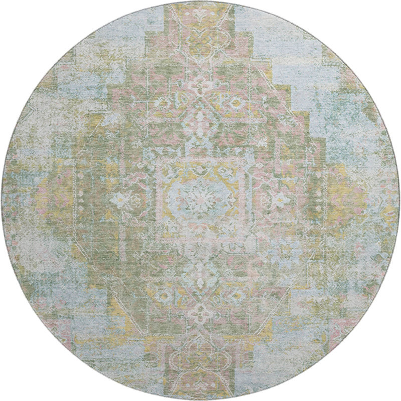 Premium Machine Washable Mayfield AMF2140 global Rug, Green, 8' Round