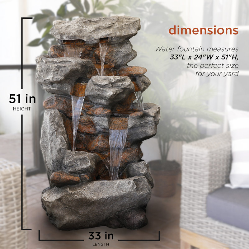 Weather Resistant Floor Fountain with Lights, 51" H x 33" W x 24" D
