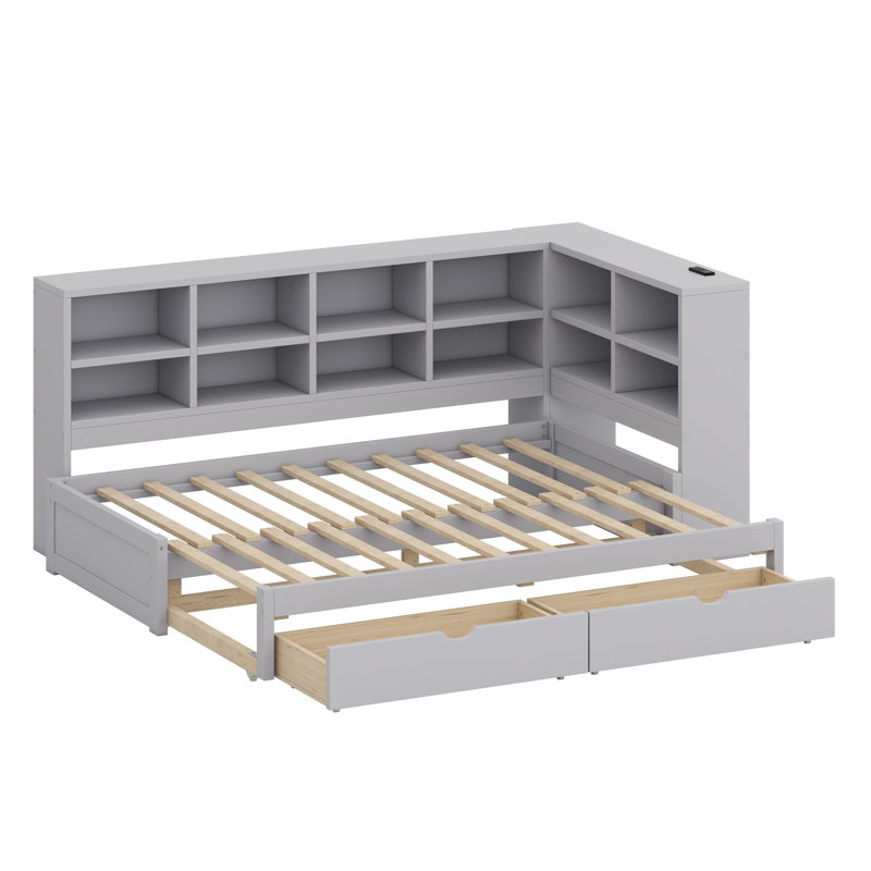 Lit de jour avec tiroirs de rangement, éclairage DEL et ports de chargement USB, Gris
