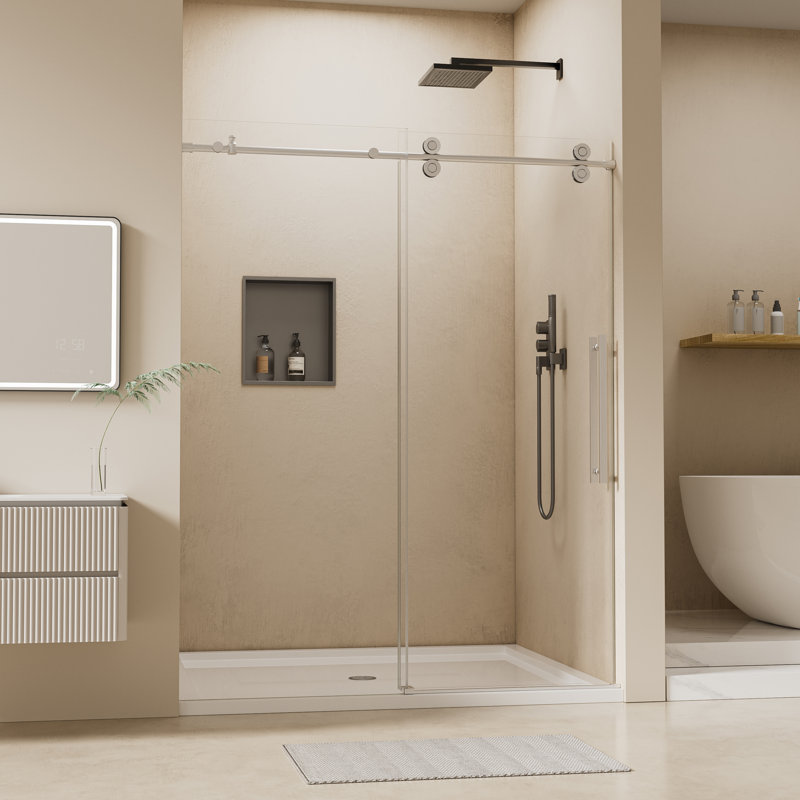 50"- 54" W x 76"H Single Sliding Frameless Shower Door, Sliding Door with 5/16" (8mm) Tempered Glass, Easy-Clean Nano Coating for Walk-in Shower, Smooth Quiet Glide, Brushed Nickel