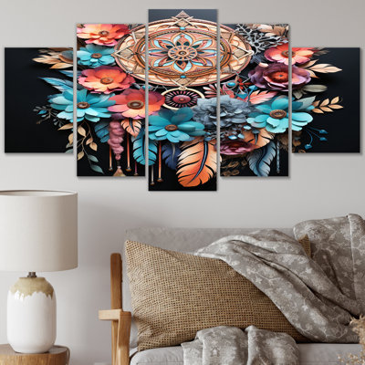 TEAL - Boho rose, capteur de rêves, reproduction d'art sur toile, 5 panneaux