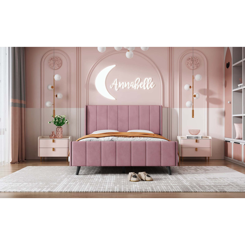 Upholstered Platform Bed,Velvet, Full, Pink