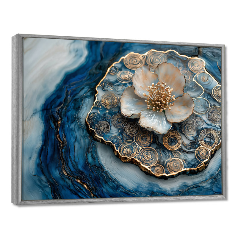 Fleur de pommier dans une rivière à encre dorée et bleue II - Art floral, Argent, Cadre flottant, H 24 po x l 32 po