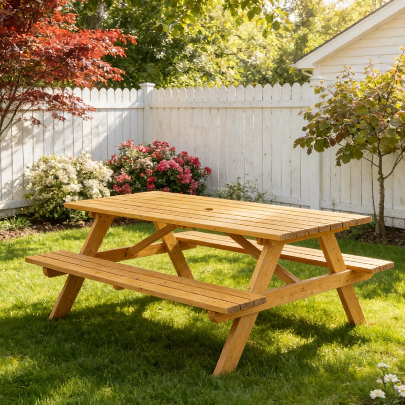 Table de pique-nique d'extérieur en bois massif avec 2 bancs intégrés et une table de camping pour 8 personnes, Yellow