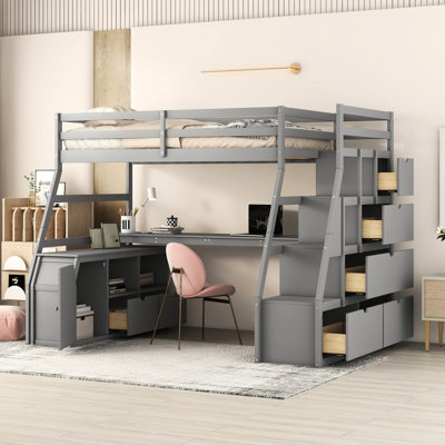 Lit mezzanine simple gris avec 7 tiroirs, un bureau et 2 tablettes. Bois de pin fabriqué. Décor inspiré d'une maisonnette. Pour 6 personnes et plus. Pas de sommier tapissier. L 94,7 po x l 56,8 po x H 68,3 po. Matelas non inclus Tablettes et bureau. Robuste