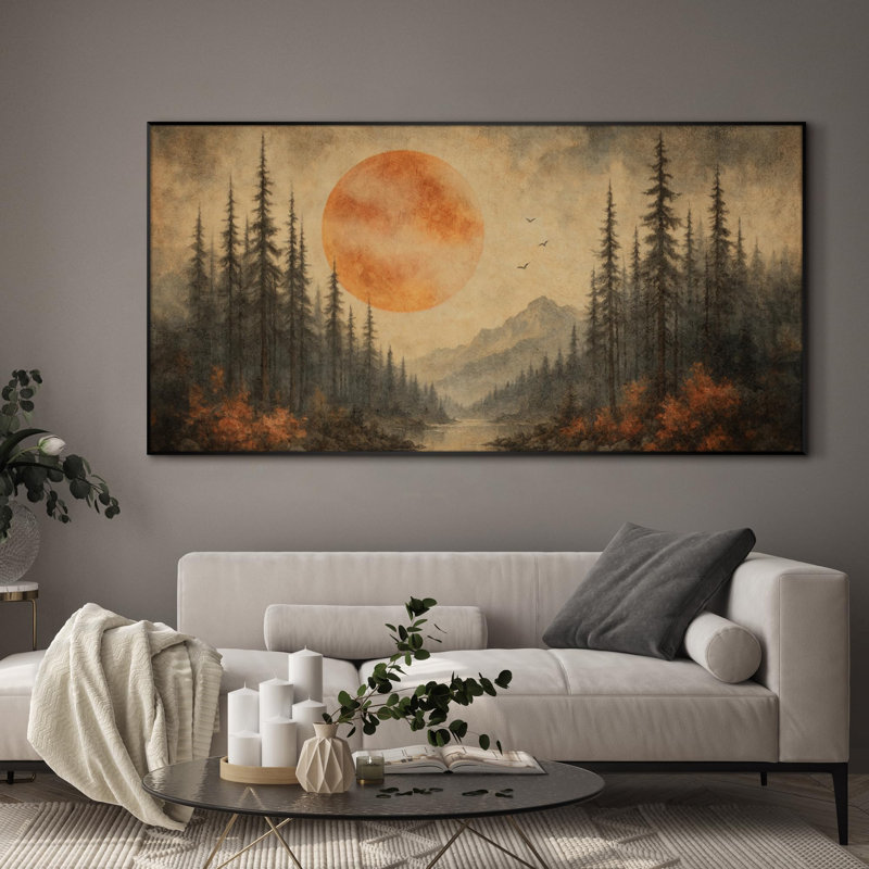 Extra Large Wall Art Fabric Print - Rustic Sunset Over Forest and River Landscape Artwork Decor for Living Room or Bedroom - "Frame Assembly Required (Unfinished Frame)"