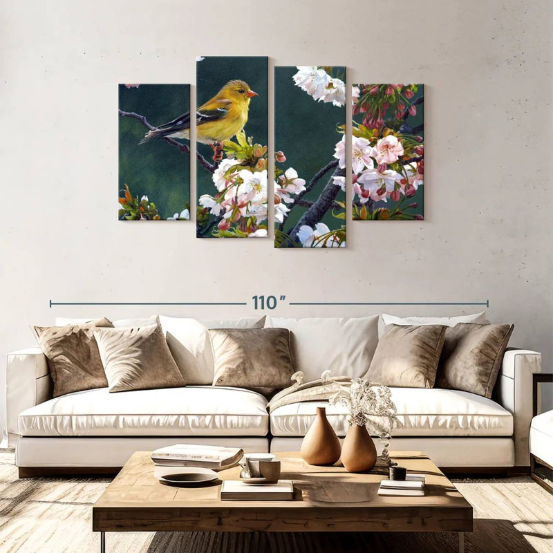 Chardonneret femelle et fleurs, H 48 po x l 75 po