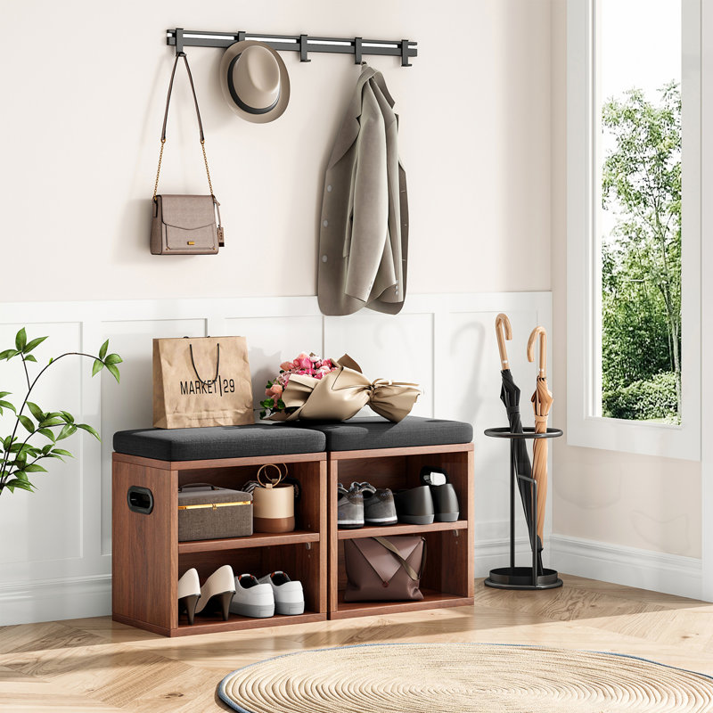 Small Cushion Shoe Bench With Shoe Rack, Gray, Walnut
