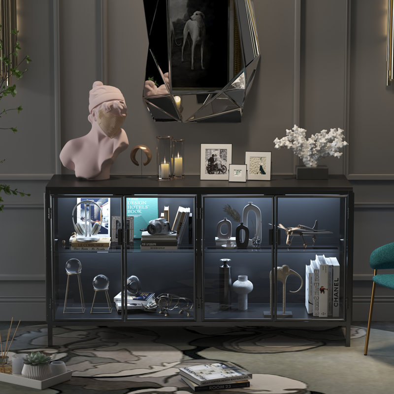 Modern Accent Cabinet With Tempered Glass Doors, Adjustable LED Lighting, And Ample Storage, Black