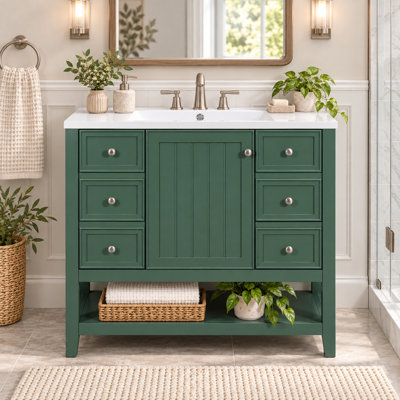 Meuble-lavabo simple autoportant vert 36 po avec lavabo et rangement en céramique