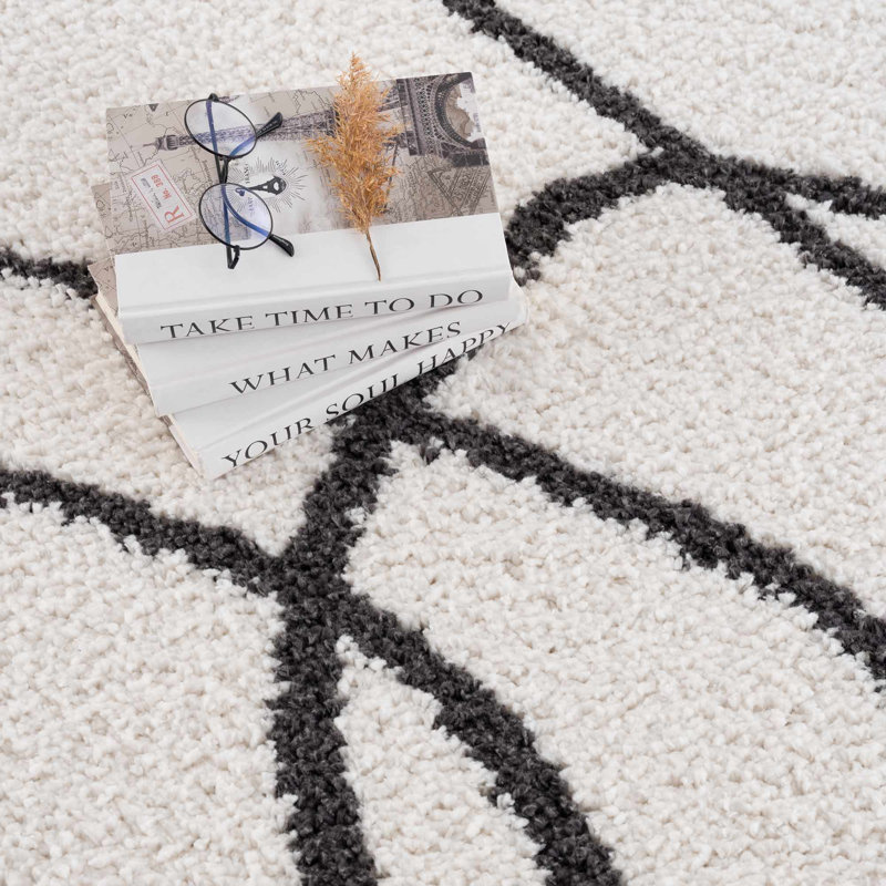 Rectangle Danicka Abstract Machine Woven Polyester Area Rug in White/Black, Rectangle 2' x 3'