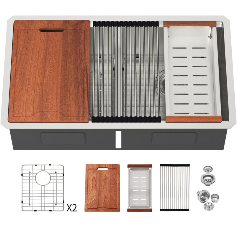 Double Bowl (50/50) Undermount Kitchen Sink- 33"X19"X10" Stainless Steel 16 Gauge With Two 10" Deep Basin