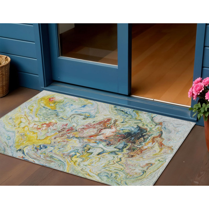 3' X 5' Ivory Blue And Yellow Abstract Washable Indoor Outdoor Area Rug