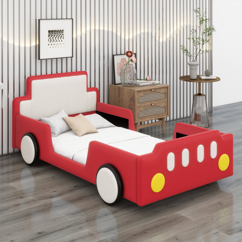 Structure de lit de voiture de course avec roues, Rouge