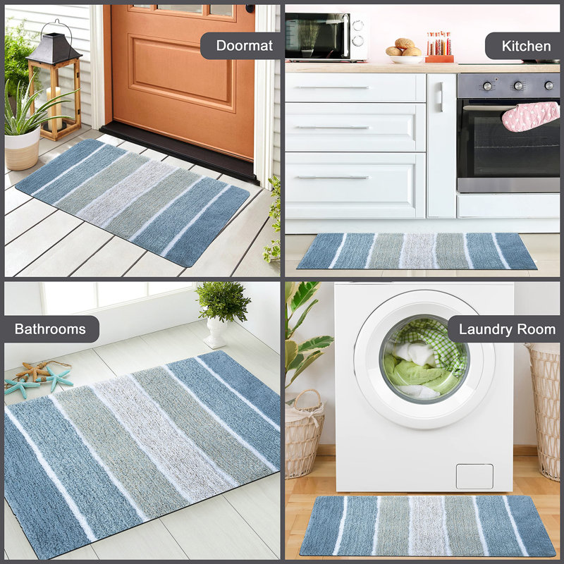 Ensemble de 2 tapis de bain à rayures antidérapants 100% coton Cervantes, Bleu, 21''x34''/17''x24''